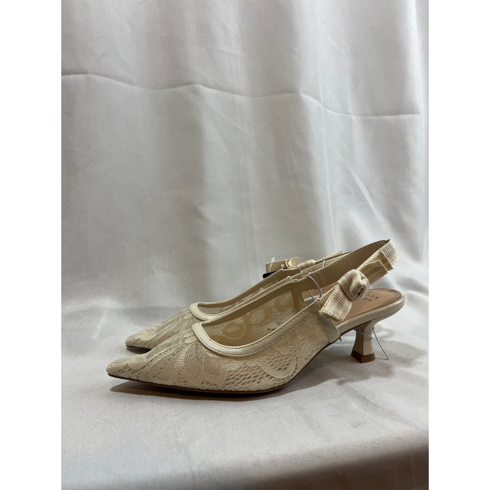 A New Day Womens Cream Lace Slingback Kitten Heels Pointed Toe Bow Detail Size 6